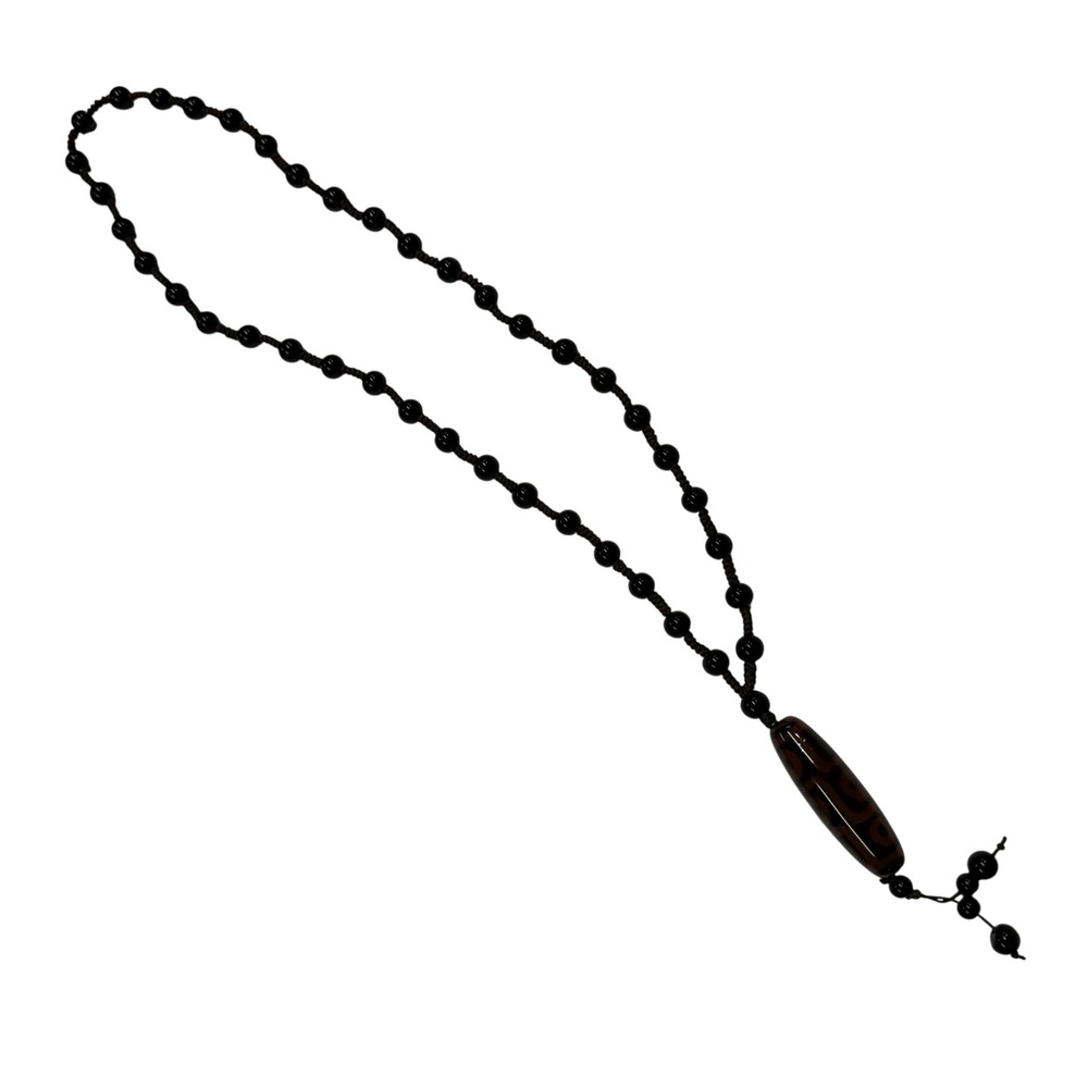 Tibetan Dzi Bead Necklace Black Round Beads Hand Knotted Brown Cord Ethnic Style